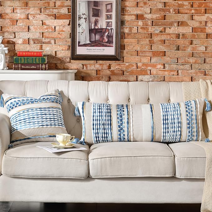 Chenille Striped Textured Boho Throw Pillow Covers Aesthetic with Tassels Woven Decorative Pillow Case for Couch Bed Sofa Bedroom Modern Funky 14 x 36-Inch Sky Blue