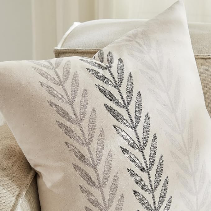 Farmhouse Leaves Throw Pillow Covers Set of 2, 20x20in Mixed Grey | 100% Organic Cotton, Rustic Accent Print Pillow Case, Pastoral Decorative Cushion Covers for Sofa Bed Living Room Home Decor
