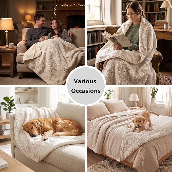 Waterproof Blanket for Dogs - Pet Throw as Furniture Protector | Cozy Sherpa & Smooth Velvet, Reversible and Machine Washable, for Couch, Bed, or Travel, 25"x35", Beige