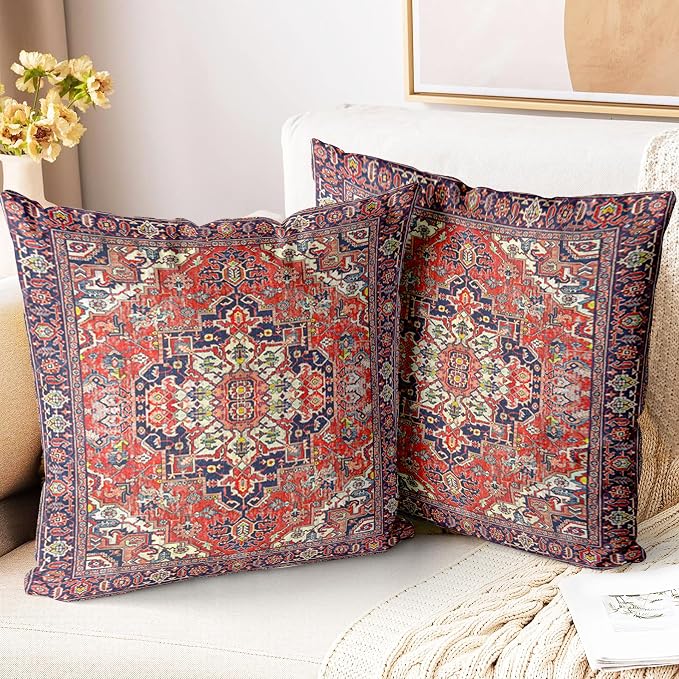 Boho Throw Pillow Covers 18x18 inch Set of 2,Soft Pillowcases Bohemia Carpet Printing Pattern Decorative Sofa Living Room Bed Square Pillow Case Cushion Cover-Red