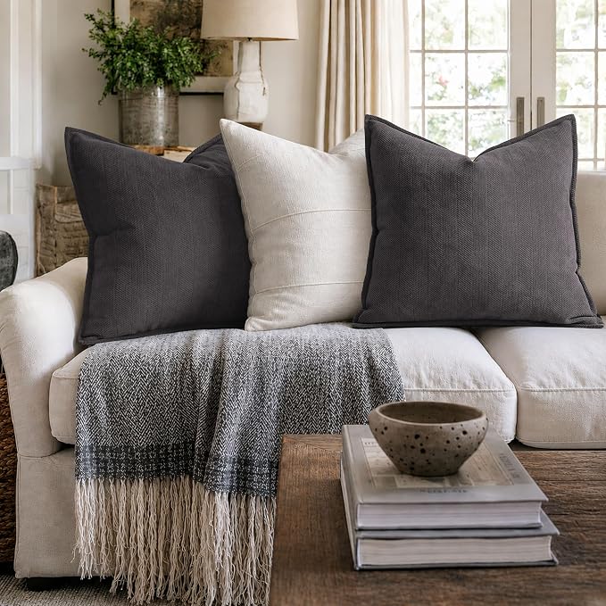 Rustic Gray Pillow Covers 26x26 Set of 2 Chenille Throw Pillow Covers with Elegant Design Soft and Luxurious Decorative Throw Pillows for Couch, Bed, and Home Decor