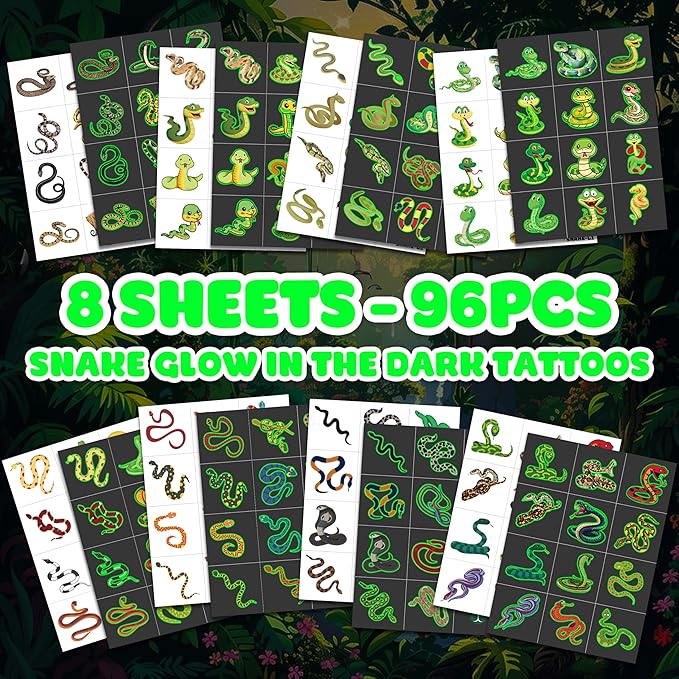 96 PCS Snake Luminous Neon Temporary Tattoos – Glow in the Dark Snake Tattoo Stickers Birthday Party Decorations, Supplies & Favors for Halloween, Parties, Cosplay, Costume Events (Glow in the dark)