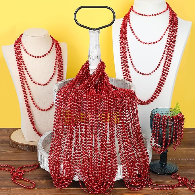 30PCS Beads Necklace, Red Valentines Necklace Stuff Party Favors, 33" Red Necklaces Festival Parade Throw Accessories for Wedding Birthday Valentines Mardi Gras Christmas Celebrations Decorations