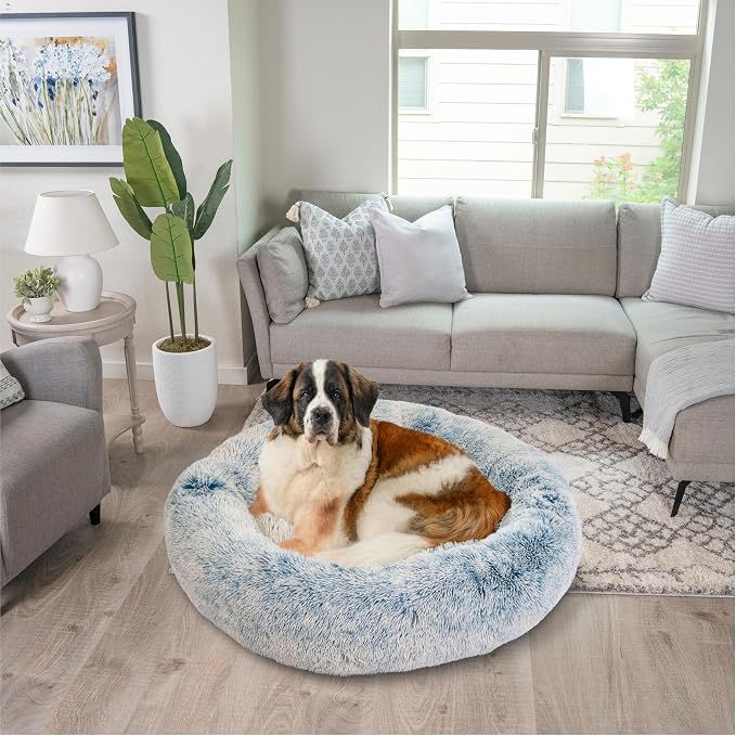Best Friends by Sheri The Original Calming Donut Dog Bed for Extra-Large Dogs up to 150 lbs, Shag Faux Fur, Denim Blue, 45" x 45"