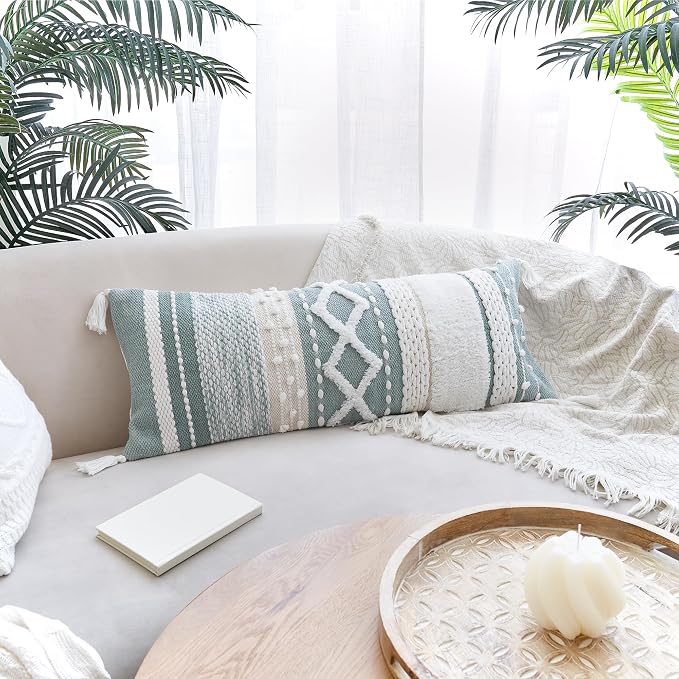 Decorative Boho Lumbar Pillow Cover 14x36 - Soft Textured Throw Pillow | Beautiful Accent Piece for Bed, Couch Decor or as Body Cushion - A Stylish Addition to Your Bedroom