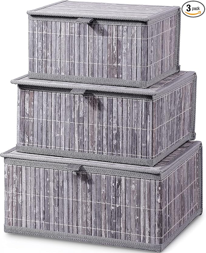 Honygebia Bamboo Decorative Storage Boxes - Set of 3 Woven Lined Storage Basket with Lids, Grey Marble Wicker Lidded Baskets for Home Kitchen Shelf Organizer Decor