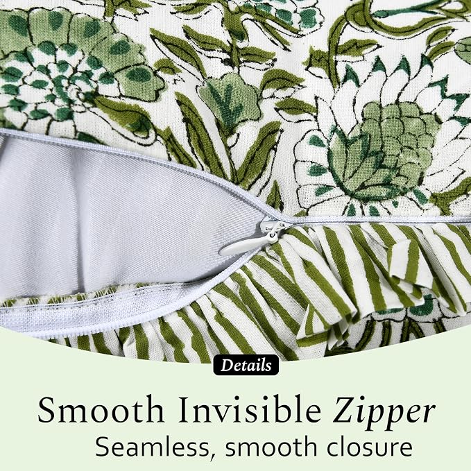 CPC Block Print Ruffle Throw Cover Agate Green 16"x16" Inch Pack of 2-100% Cotton Ruffle Couch Decorative Boho Pillows Case for Living Room, Bedroom, Sofa, Farmhouse Gift for Spring, Mother's Day
