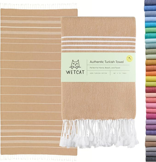 WETCAT Turkish Beach Towel Oversized (38"x71") 100% Turkish Cotton, Made in Turkey - Sand Free, Extra Large, Ultra Soft, Quick Drying, Compact & Lightweight for Travel - Tawny Brown