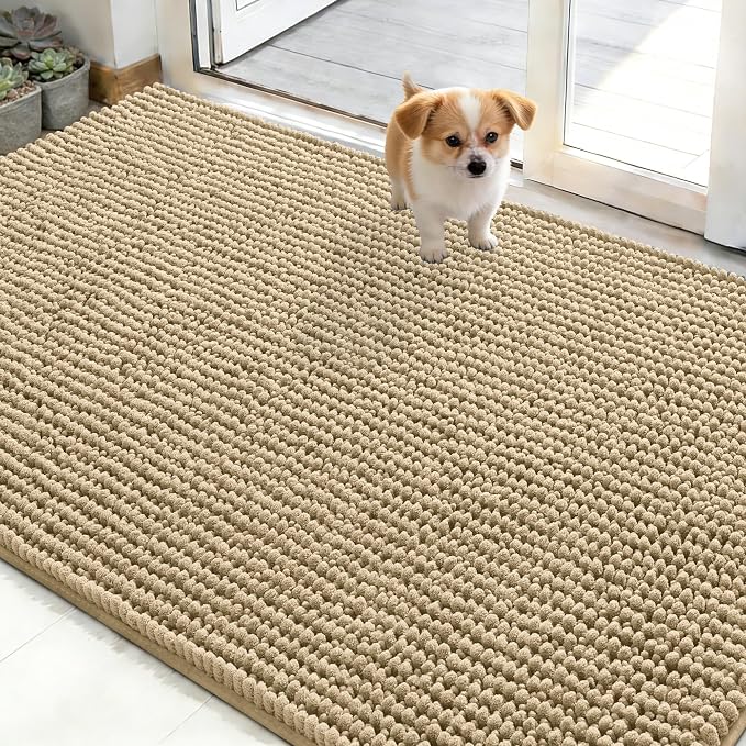OLANLY Dog Door Mat for Muddy Paws 48x30, Extra Absorbent Chenille Mud Mat | Beige, Absorbs Moisture and Dirt, Non-Slip Machine Washable Doormat, Quick-Drying Indoor Entryway Floor Mat for Dogs