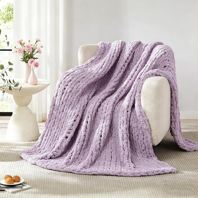 Soft Chunky Knit Throw Blanket for Couch, Cozy Warm Knitted Blankets | Hand Knit with Jumbo Chenille, Lightweight Warm Fluffy Decor for Women, Mom, Her & Girls, Sofa, Chair, Bed, 48"×71" (Purple)