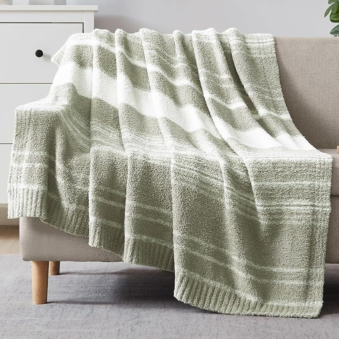 Soft Throw Blanket for Couch-Cozy Reversible Knitted Blankets | Lightweight Warm Fluffy Decor for Women, Mom, Her & Girls, Sofa, Chair, Bed, 50x70in, Sage Green Stripe