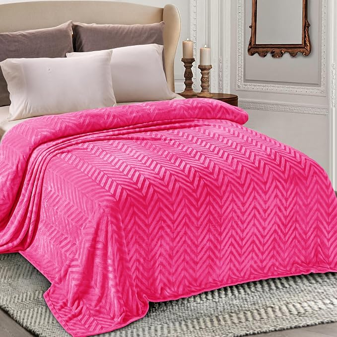 Whale Flotilla Flannel Fleece Fall Bed Blanket Twin Size, Hot Pink | Lightweight Breathable Soft Bedspread, Plush Fluffy Coverlet Chevron Design Decorative Blanket for Home Life, 60x80 Inch