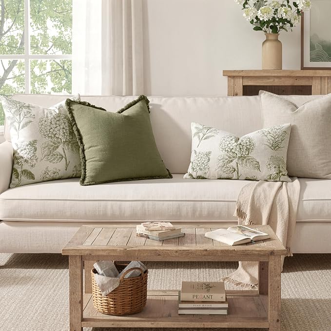 Set of 2 Lumbar Floral Pillow Covers 12x20 Inch Light Green | Decorative Neutral Hydrangea Print, Boho Vintage Throw Pillows, Cottagecore Home Decor, for Sofa Couch Porch Bed Living Room