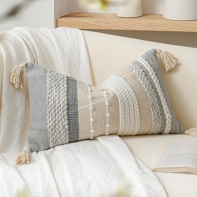 Decorative Lumbar Throw Pillow Cover 12x20 Boho Gray Accent Cushion for Couch Sofa Farmhouse Pillowcase for Bedroom Living Room Home Décor Cover ONLY