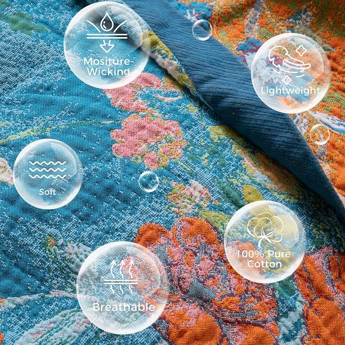 LUTBM Boho Throw Blanket for Bed 60"x80", All Season Cotton Couch Blankets | Blue Reversible Floral Birds Jacquard, All-Season Lightweight Twin Quilt, For Chair Sofa Bedroom Living Room, Home Decor