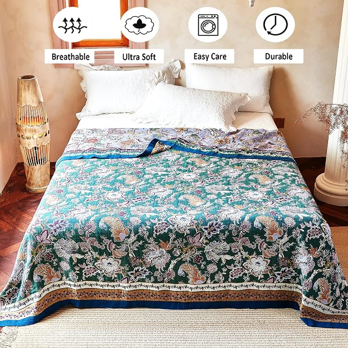 VANJOROY Boho Throw Blanket 80" x 90", 100% Organic Cotton Breathable Ultra Soft Bed Purple Quilt Throw - All Season Luxury Floral Farmhouse Decor Blanket for Sofa Couch Chair and Gift.