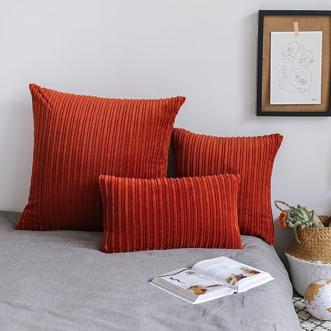 UGASA Fall Soft Lumbar Pillow Cover Stripe Velvet Decorative Oblong Pillow Cover Solid Rectangular Lumbar Cushion Case for Home Couch Sofa Living Room 1 Piece, 12x20 Inch (30x50cm), Burnt Brick