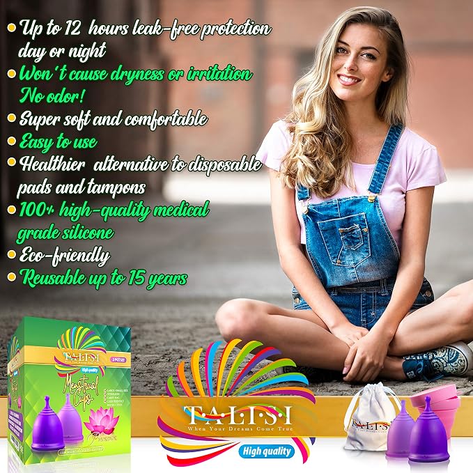 Talisi Reusable Menstrual Cup (Small & Large) Set of 2 with Foldable Silicone Sterilizer, Copa Menstruelle, Soft Period Cup, Heavy & Light Flow, Feminine Hygiene, Tampons, Pads & Disc Alternative