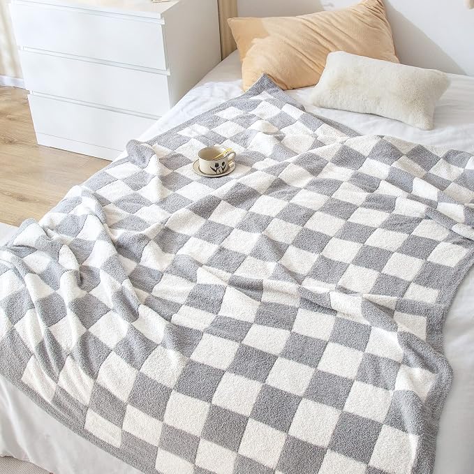 SeaRoomy Fuzzy Checkered Throw Blanket for Couch,Light Grey 51"X63" | Warm,Cozy,Fluffy,Lightweight,Gift for Women Couch Sofa Bed Room Decor