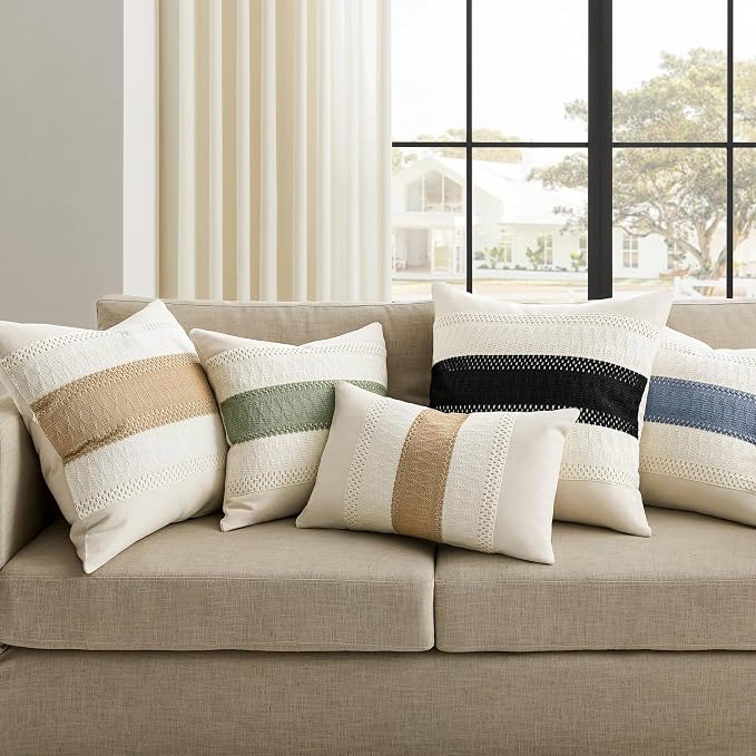 2 Pack Boho Throw Pillow Covers, Contrast Blue 24x24in | Soft Breathable Cotton, Farmhouse Decorative Couch Pillow Cases, Cushion Covers for Sofa Bed Living Room Home Decor