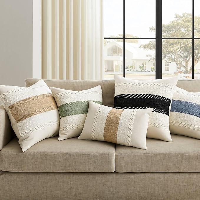 2 Pack Boho Throw Pillow Covers, Contrast Black 16x16in | Soft Breathable Cotton, Farmhouse Decorative Couch Pillow Cases, Cushion Covers for Sofa Bed Living Room Home Decor