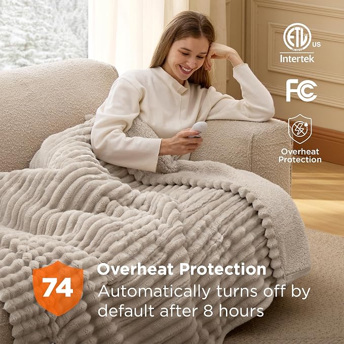 Bedsure Heated Blanket Full Size - Thick Striped Fast Heating Electric Blanket with Preheat Function, 6 Heat & 6 Timer (Up to 10H), 8H Auto Off, ETL Certified, Gift for Grandma (72"x84", Linen)