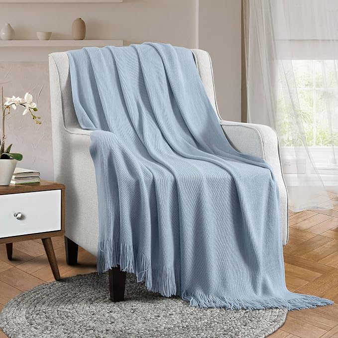Vonty Light Blue Knitted Throw Blanket with Tassels Fringe, 50x60 Acrylic | Super Soft And Lightweight, Year-Round Cozy Warmth, Farmhouse Decorative Style, Machine Washable, for Couch, Sofa or Bed