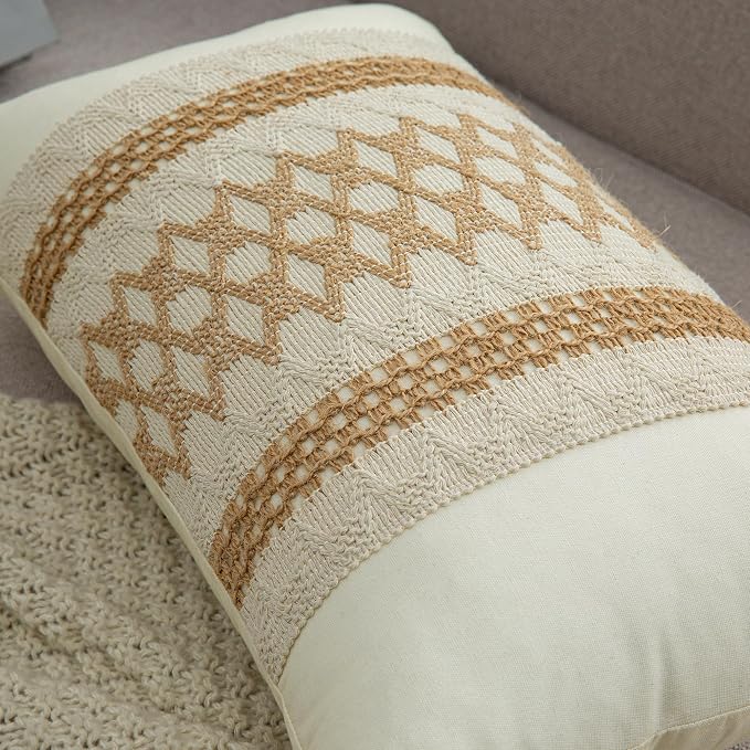 Lumbar Throw Pillow Covers 1PC (Beige & Brown Grid, 12x20 Inch) | Linen Cotton Soft Cozy, Decorative Sofa Couch Pillow Cases, Textured Woven Single Striped, Boho Sytle for Living Room