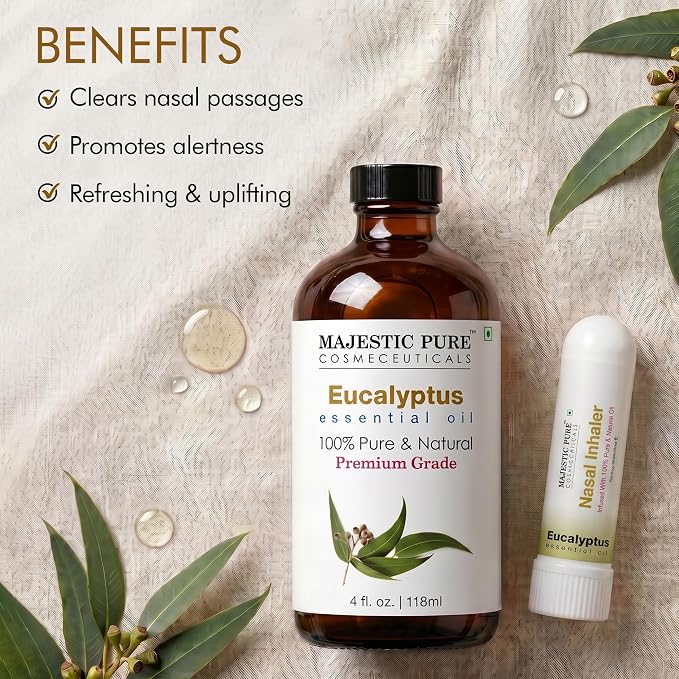 Majestic Pure Eucalyptus Essential Oil 4 Fl Oz | With Nasal Inhaler
