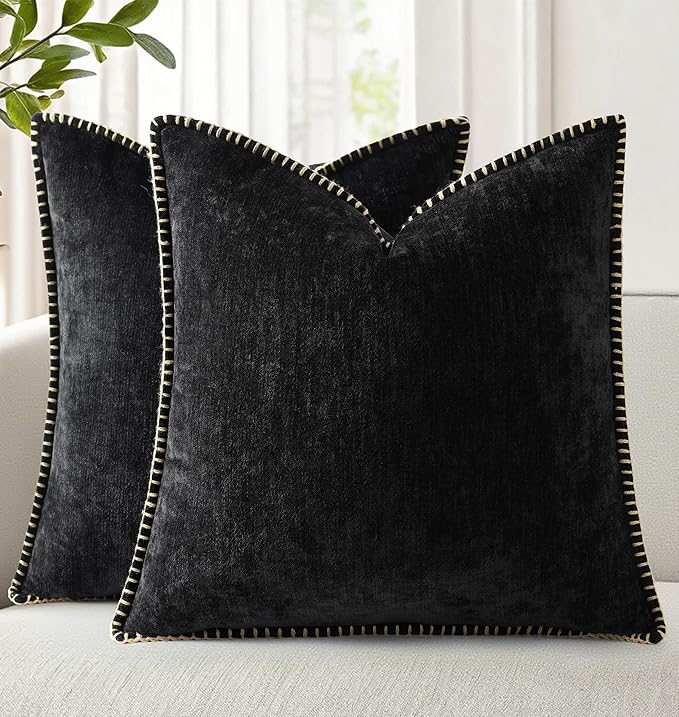 decorUhome Soft Chenille Throw Pillow Covers 22x22 Set of 2 Black | Fall Textured Decorative Throw Pillow Cases Stitched Edge Modern Farmhouse Luxury Boho Velvet for Couch Sofa Bed Home Decor