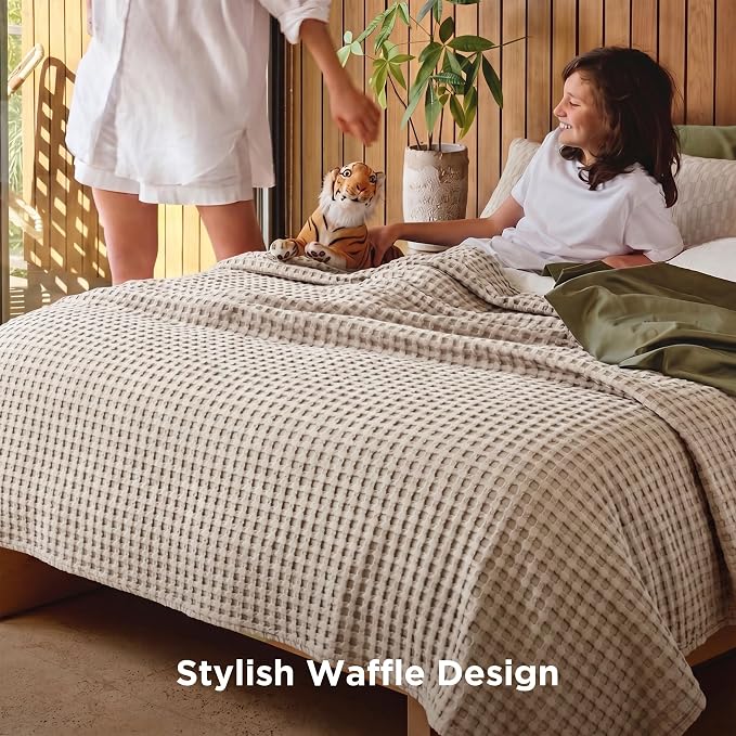 Bedsure Cooling Waffle Full Size Blanket - Lightweight Cotton Blanket for Hot Sleepers, Luxury Throws for Bed, Couch and Sofa, Khaki, 80x90 Inches