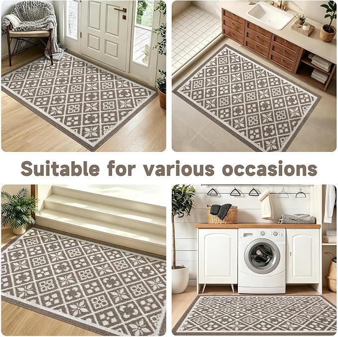 Ileading Indoor Door Mat 3x5ft Absorbent Dog Mats for Muddy Paws,Machine Washable Small Living Room Area Rug with Non-Slip Rubber Backing Low-Profile Inside Carpet for Hallway,Entryway,Kitchen(Brown)