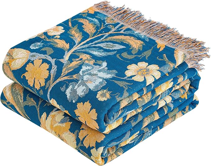 VANJOROY Boho Throw Blanket, 100% Organic Cotton Breathable Ultra Soft 50" x 60" Bed Quilt Blue Throw - All Season Bird Floral Rustic Farmhouse Decor Reversible Blanket for Couch Chair and Gift