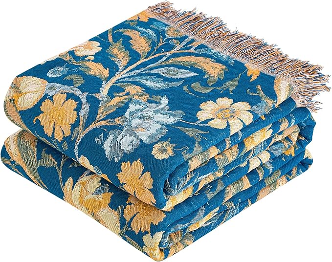 VANJOROY Boho Throw Blanket, 100% Organic Cotton Breathable Ultra Soft 91" x 108" King Bed Quilt Throw - All Season Floral Rustic Farmhouse Decor Luxury Blanket for Sofa Couch Chair and Gift