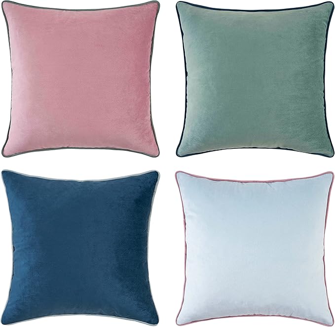 MONDAY MOOSE Decorative Throw Pillow Covers Cushion Cases, Set of 4 Soft Velvet Modern Double-Sided Designs, Mix and Match for Home Decor, Pillow Inserts Not Included (18x18 inch, Pink/Blue)