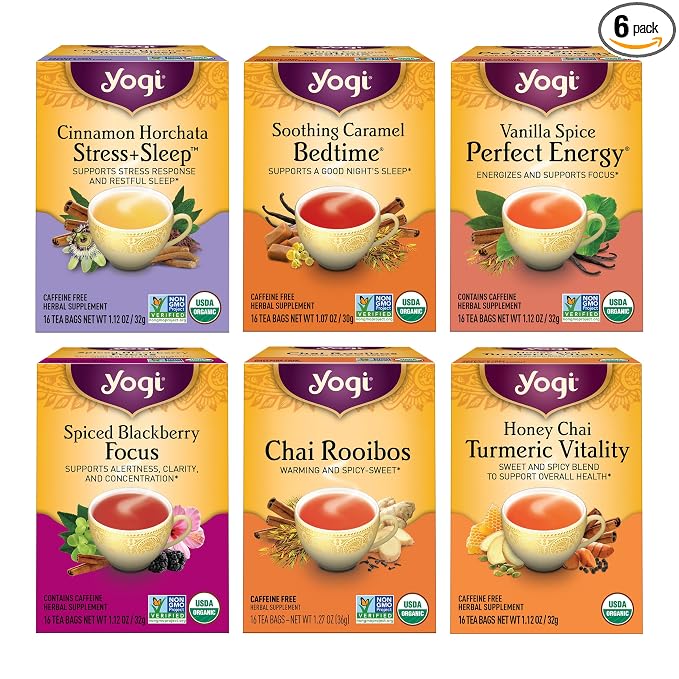 Yogi Tea - Fall Favorites Sampler Variety Pack - 16 Tea Bags Per Pack (6 Pack) - Assorted Tea Set - Caffeinated and Caffeine Free - Includes Cinnamon, Chai, Caramel, Blackberry, Vanilla & More