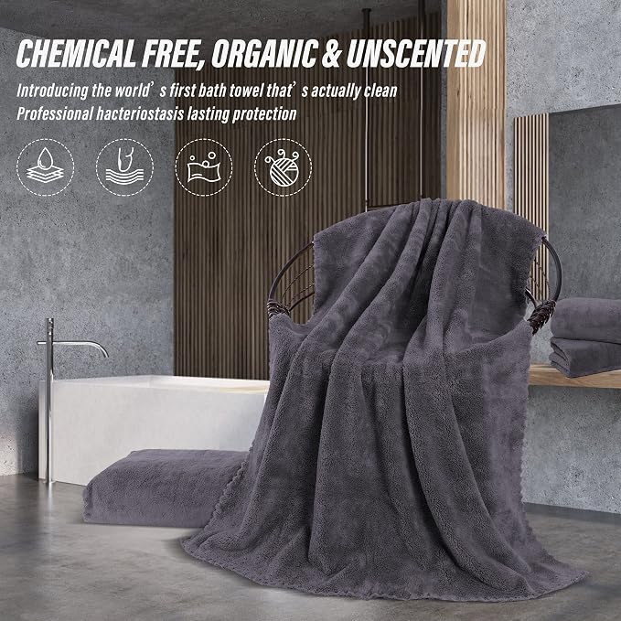 MOONQUEEN 2 Pack Premium Bath Towel Set - Quick Drying - Microfiber Coral Velvet Highly Absorbent Towels - Multipurpose Use as Bath Fitness, Bathroom, Sports, Yoga Towel (Dark Grey, Bath Towel)