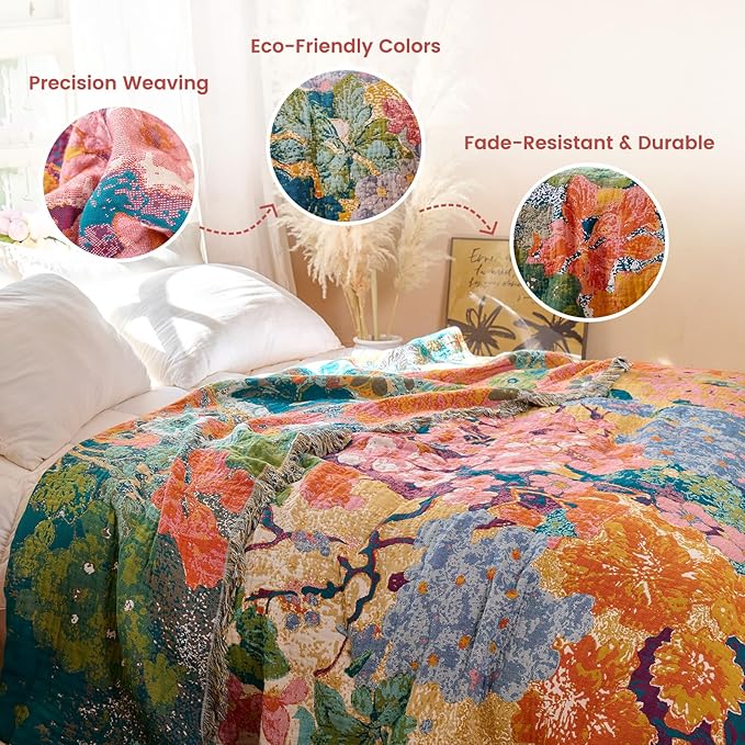 MSGKV Boho Throw Blanket 60"x80" Cotton Floral Blanket for Couch & Sofa | 60"x80" Cotton Floral Throw, Muslin Blanket, Summer Breathable, Farmhouse Decor, All Season Comfort, Machine Washable