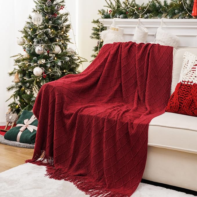 BATTILO HOME Christmas Decor Red Throw Blanket for Couch, Boho Bed Throws for Foot of Bed, Decorative Red Throws for Sofa Living Room, 50"x60" | Boho Throw Blanket for Foot of Bed, Decorative Knit Red Throw for Sofa Living Room