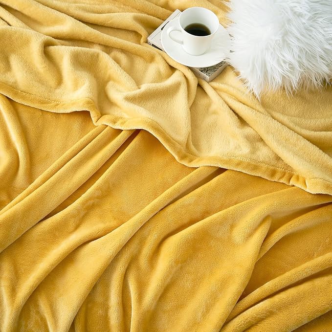 Hansleep Throw XL Yellow Fleece Blanket, Soft Flannel Bed Blanket | Fuzzy Cozy Blanket 50x70 Inches, Multi-use for Bed, Sofa, Couch, Travel, Camping, All Season Warm Lightweight Cover