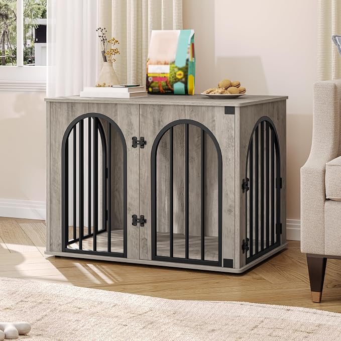 Hzuaneri 31.5'' Dog Crate Furniture,Dog Kennel Indoor for Small/Medium Dogs | Dog Kennel Furniture Wooden Dog Cage Heavy Duty Dog Crate Decorative Pet House End Side Table TV Stand,Greige Black DFC85105B