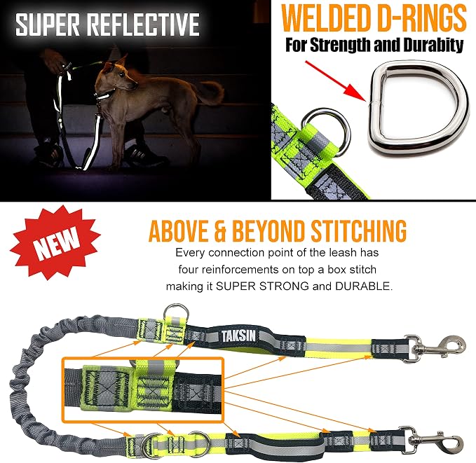 TAKSIN The Ultimate Hands Free Two Dogs Double Leash System for Walking Running Hiking Training, Reflective Bungee Leash, Treat Holder, Poop Bag Dispenser Small Medium Large Dogs (Yellow Deluxe Pack)