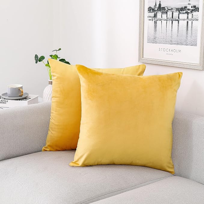 NiNi ALL Yellow Velvet Throw Pillow Covers 20x20 Pack of 2 Decorative Couch | Soft Solid Cushion Squar Pillow Cases for Chair Sofa Bedroom Farmhouse Living room Modern Luxury Home Decor Fall Halloween