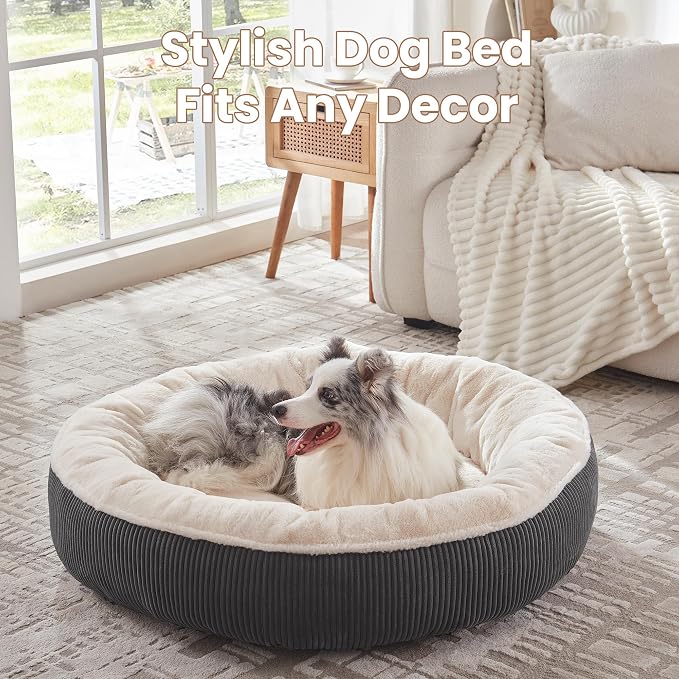 45 inches Calming Donut Dog Bed for Extra Large Dogs,Dark Grey | Round Jumbo Pet Bed with Removable&Washable Cover,Plush Faux Fur & Corduroy, Fits Pets up to 100 lbs
