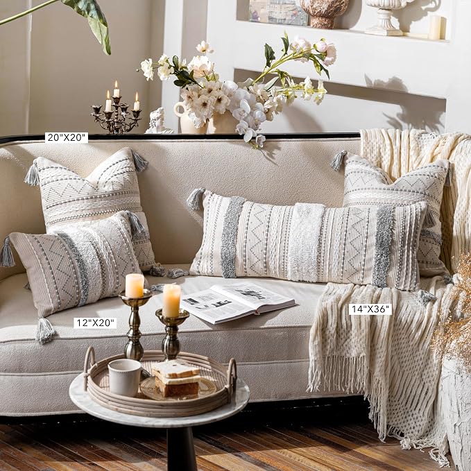 Gray Decorative Throw Pillow Covers 20x20 Combo Set of 2 Square Boho Neutral Grey Accent Pillowcase Tassels Farmhouse Cushion for Couch Sofa Bedroom Living Room Home Décor Cover ONLY