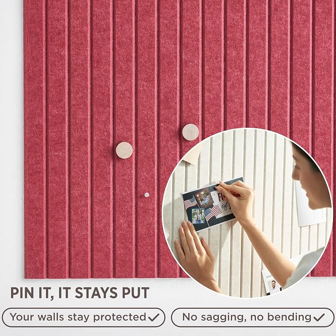 Felt Bulletin Board Tiles 48"x36" - 12-Pack Cork Board Alternative, Oeko-TEX Certified, NRC 0.95 Acoustic Wall Panels, Damage-Free Adhesive, Slatted Design, Home Office & Classroom (Burgundy)