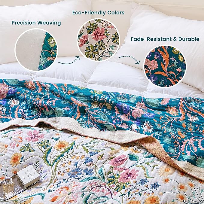 MSGKV Boho Throw Blanket 50"x60" Cotton Floral Blanket for Couch Bed Decor | 100% Cotton Throw, Colorful Floral, Reversible Blanket, Couch Bed Decor, Road Trip Blanket, Farmhouse Decor, Machine Washable