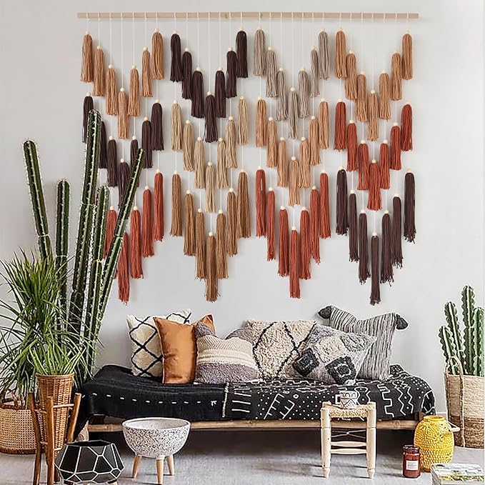Macrame Wall Hanging Yarn Boho Handmade Wave Tassel Home Decor 47"W*39"L | For Bedroom Living Room Wall Art, Nursery Decor, Home Office Decoration, Farmhouse Style, Dorm Room Decor, Handmade Gift