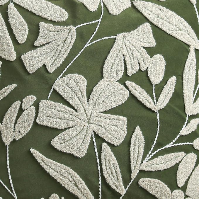 Decorative Lumbar Pillow Cover 12x20 Inch, Olive Green Floral Tufted Velvet Accent Pillow Case for Sofa Bed Living Room, Cover Only
