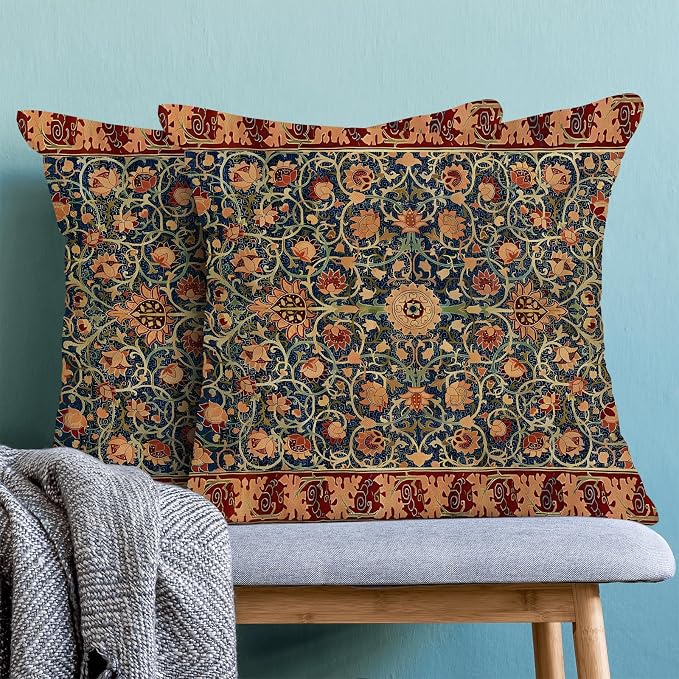 AEIOAE Boho Pillow Covers 18x18 Inch Set of 2,Carpet Pattern Throw Pillows Case,Blue Red Floral Ethnic Design Outdoor Decorative Square Linen Farmhouse Decor Cushion Covers for Home Sofa Bed Couch